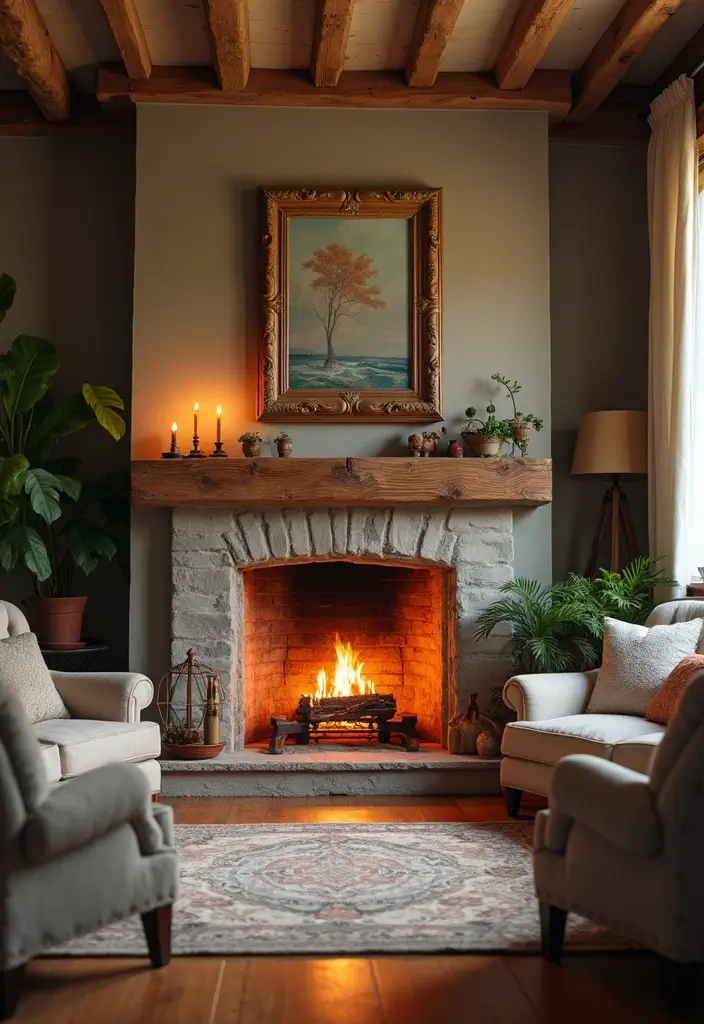 26 Small Eclectic Living Room Ideas That Feel Creative and Cozy - 17. Create a Cozy Fireplace Area