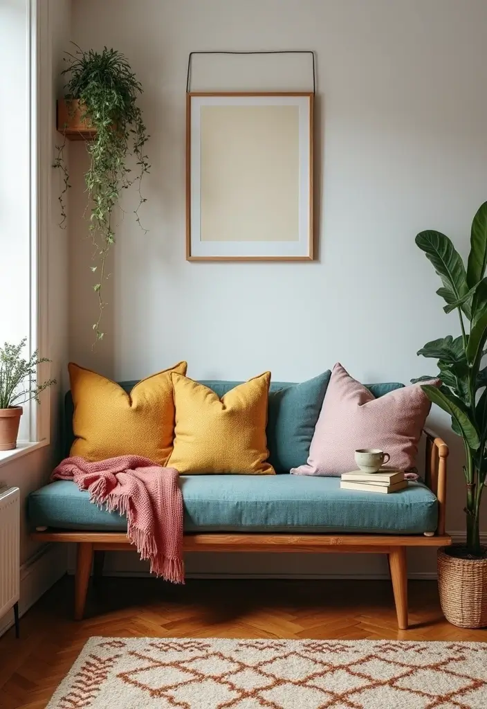 26 Small Eclectic Living Room Ideas That Feel Creative and Cozy - 19. Create a Cozy Corner with a Bench