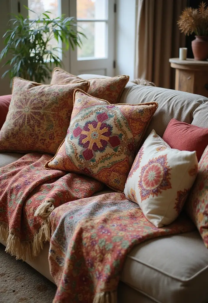 27 Artsy Living Room Decor Ideas That Feel Creative and Personal - 13. Artistic Pillows and Throws