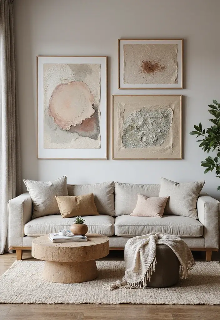 27 Artsy Living Room Decor Ideas That Feel Creative and Personal - 14. Framed Fabric Art