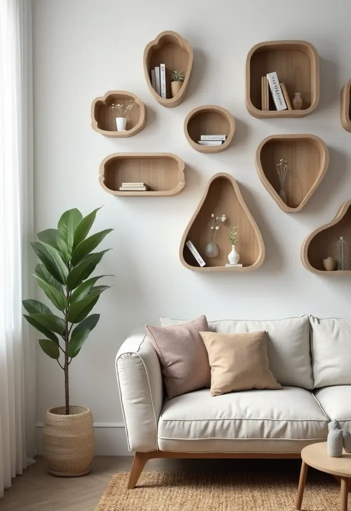 27 Artsy Living Room Decor Ideas That Feel Creative and Personal - 15. Unique Wall Shelves