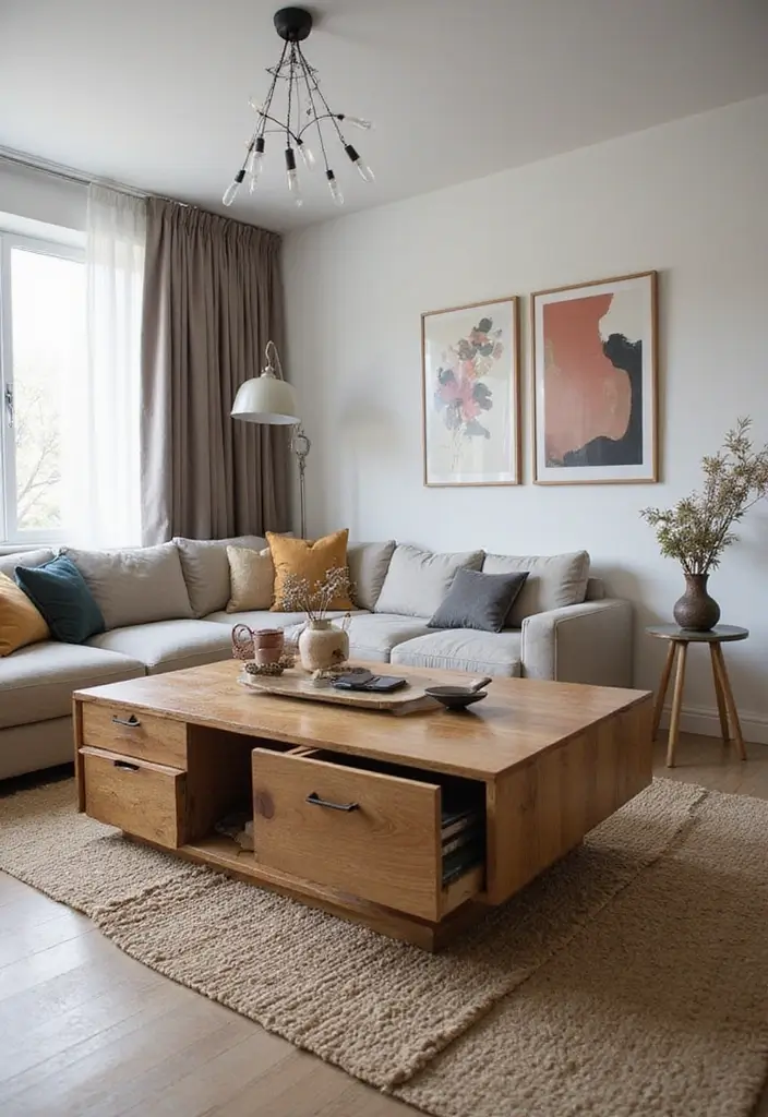 27 Artsy Living Room Decor Ideas That Feel Creative and Personal - 20. Function Meets Art with Multi-Use Furniture