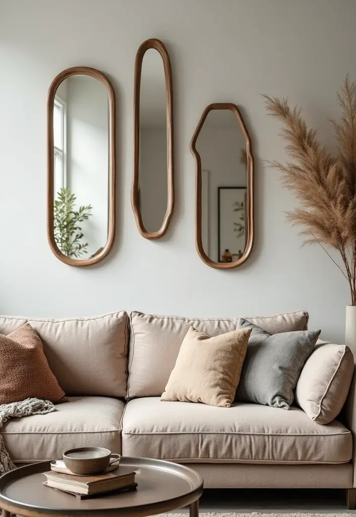 27 Artsy Living Room Decor Ideas That Feel Creative and Personal - 25. Artful Mirrors