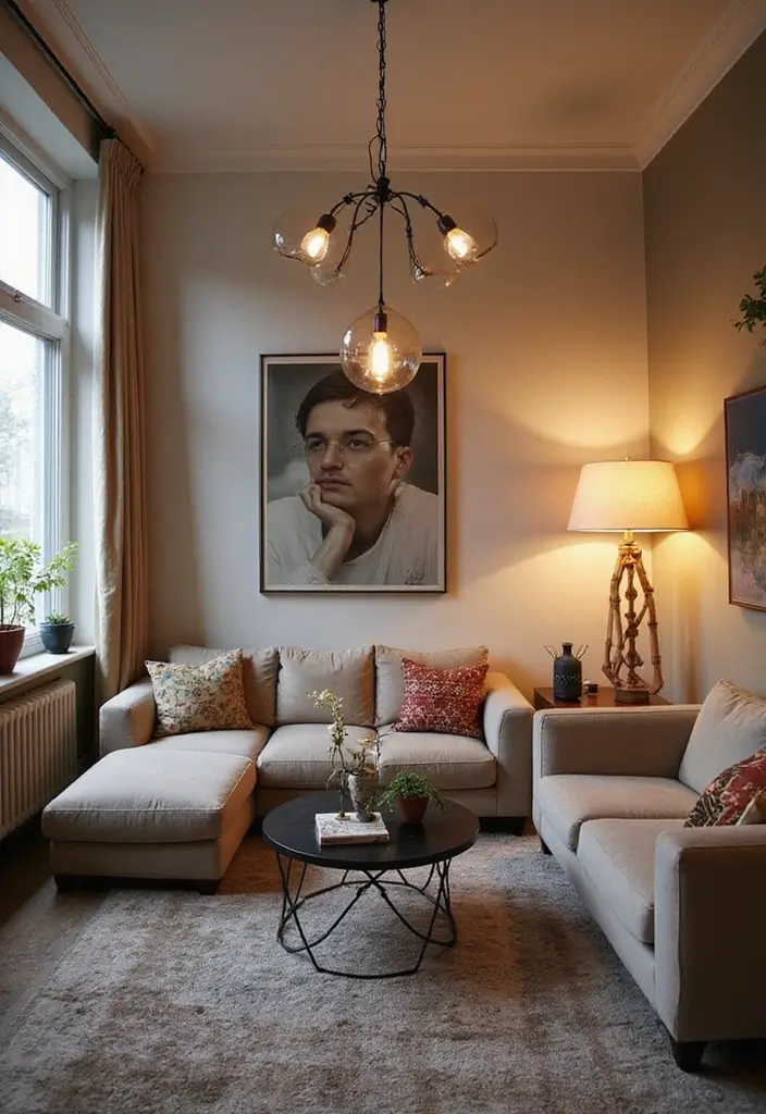 27 Artsy Living Room Decor Ideas That Feel Creative and Personal - 6. Eclectic Lighting Fixtures