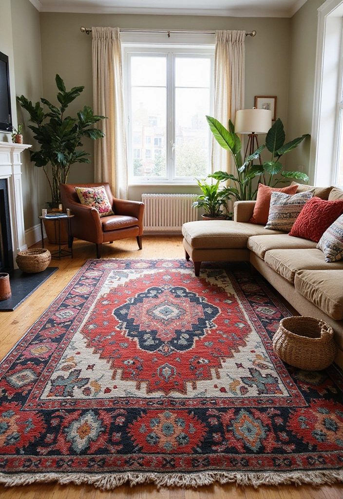 27 Artsy Living Room Decor Ideas That Feel Creative and Personal - 7. Statement Rugs
