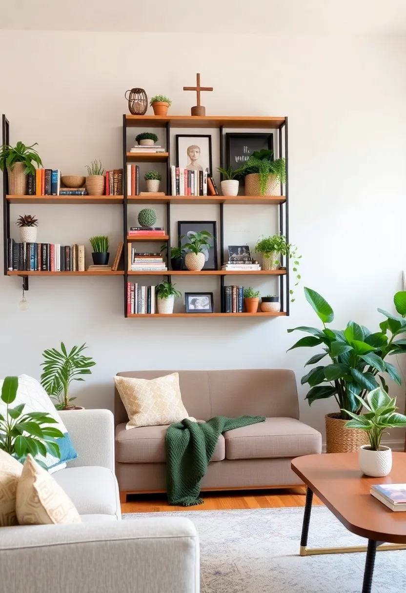27 Cozy Living Room Ideas That Make Any Space Feel Inviting - 16. Wall Shelves for Decor
