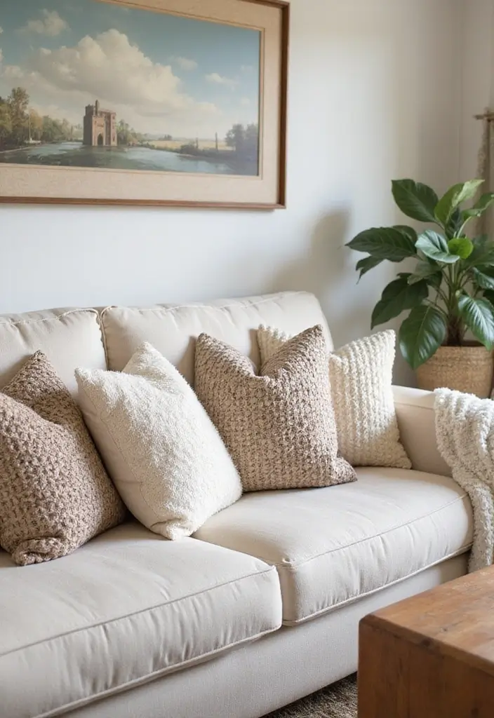 27 Cream Living Room Decor Ideas That Feel Warm and Elegant - 1. Cream Sofa with Textured Throw Pillows