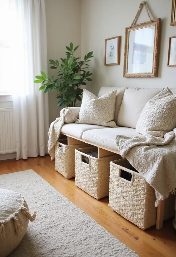 27 Cream Living Room Decor Ideas That Feel Warm and Elegant - 10. Cream Woven Baskets for Storage