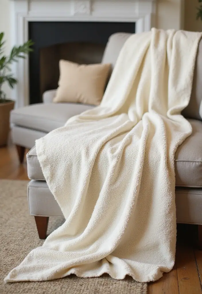 27 Cream Living Room Decor Ideas That Feel Warm and Elegant - 11. Cream Throw Blankets for Warmth