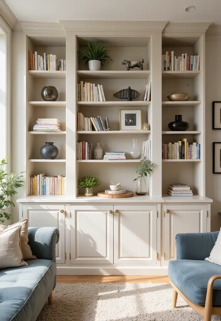 27 Cream Living Room Decor Ideas That Feel Warm and Elegant - 12. Cream Bookcases for Display