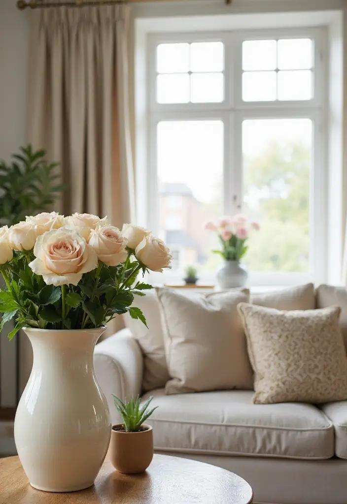 27 Cream Living Room Decor Ideas That Feel Warm and Elegant - 14. Cream Floral Arrangements