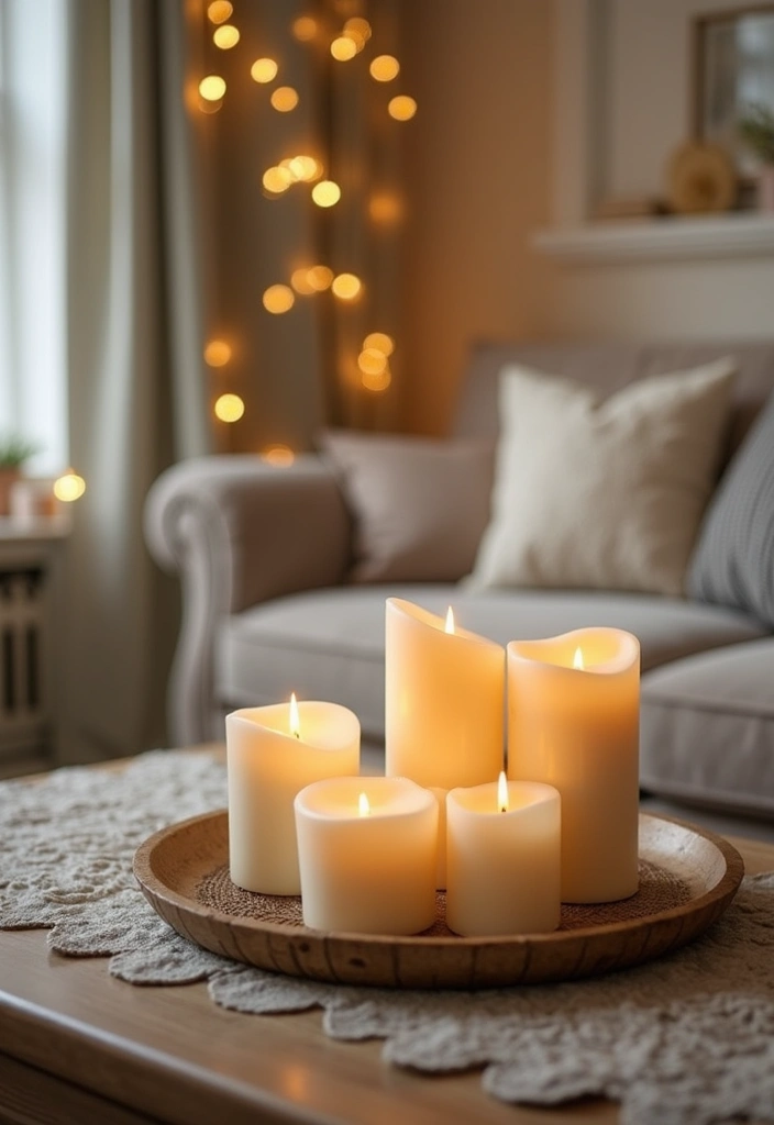 27 Cream Living Room Decor Ideas That Feel Warm and Elegant - 19. Cream Pillar Candles for Ambiance