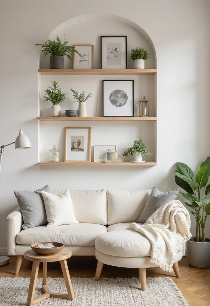 27 Cream Living Room Decor Ideas That Feel Warm and Elegant - 21. Cream Accent Wall Shelves