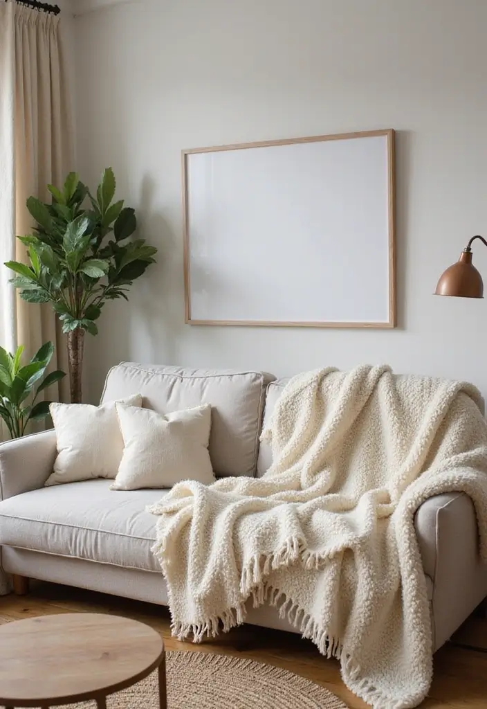 27 Cream Living Room Decor Ideas That Feel Warm and Elegant - 22. Cream Woolen Throws for Added Texture
