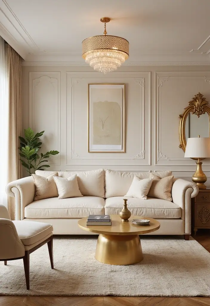 27 Cream Living Room Decor Ideas That Feel Warm and Elegant - 6. Cream and Gold Accents