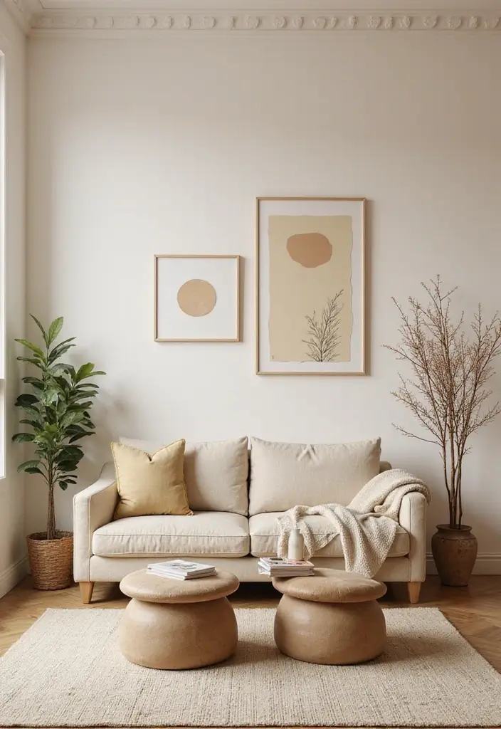 27 Cream Living Room Decor Ideas That Feel Warm and Elegant - 7. Cream Artwork to Brighten Walls
