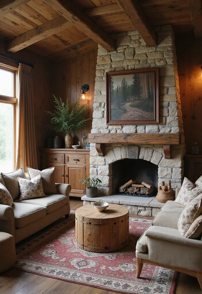 27 Fantasy Living Room Ideas That Feel Dreamlike and Unique - 14. Rustic Woodland Retreat