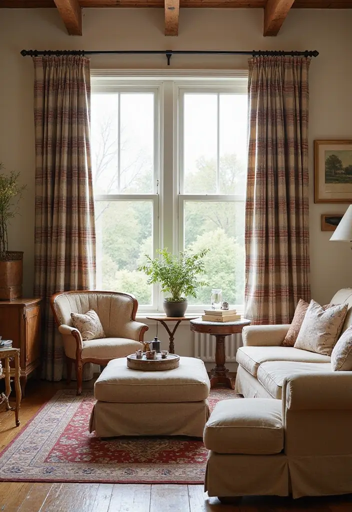 27 Farmhouse Window Treatments Living Room That Feel Rustic and Chic - 10. Country Plaid Curtains