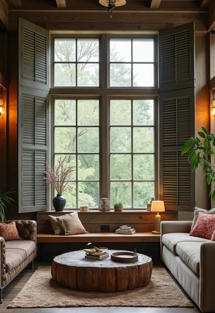 27 Farmhouse Window Treatments Living Room That Feel Rustic and Chic - 11. Rustic Metal Shutters