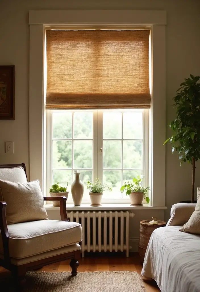 27 Farmhouse Window Treatments Living Room That Feel Rustic and Chic - 12. Natural Fiber Shades