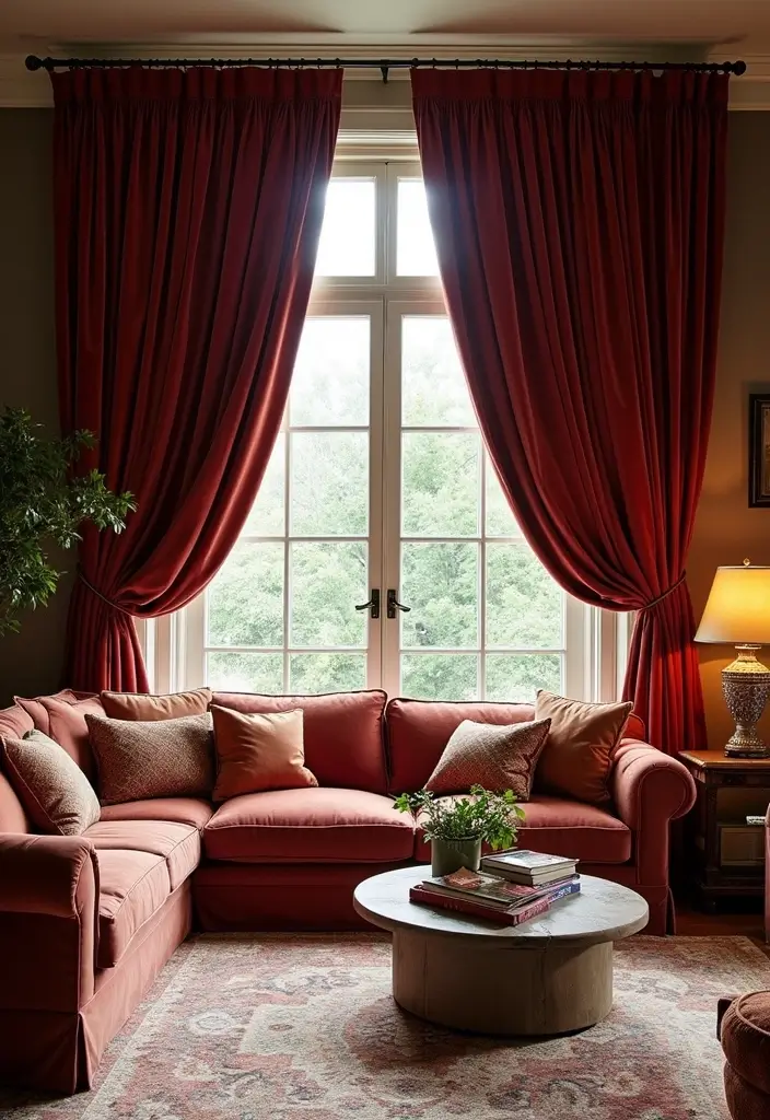 27 Farmhouse Window Treatments Living Room That Feel Rustic and Chic - 13. Velvet Drapes