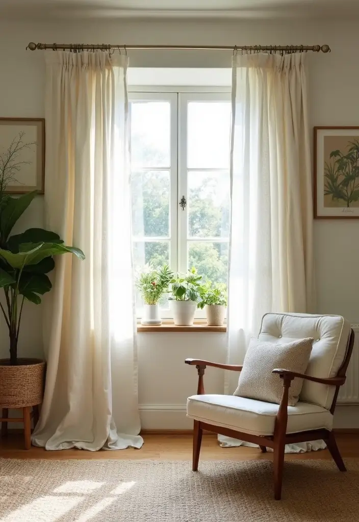 27 Farmhouse Window Treatments Living Room That Feel Rustic and Chic - 14. Linen and Cotton Blend Curtains