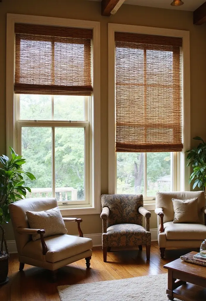 27 Farmhouse Window Treatments Living Room That Feel Rustic and Chic - 16. Bamboo Shades