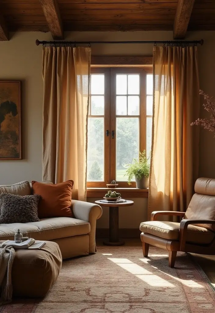 27 Farmhouse Window Treatments Living Room That Feel Rustic and Chic - 17. Rustic Canvas Curtains
