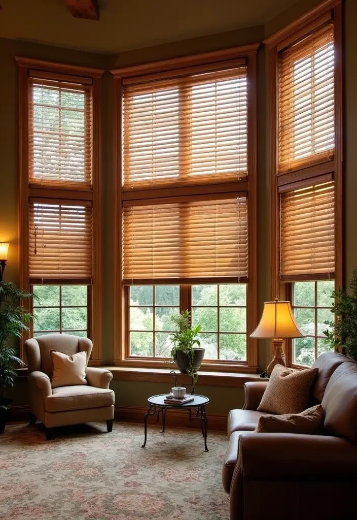 27 Farmhouse Window Treatments Living Room That Feel Rustic and Chic - 2. Rustic Wood Blinds