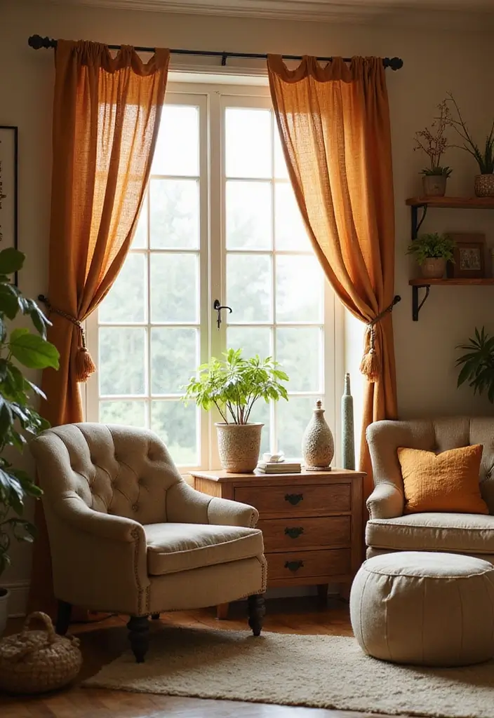 27 Farmhouse Window Treatments Living Room That Feel Rustic and Chic - 20. Tie-Top Curtains