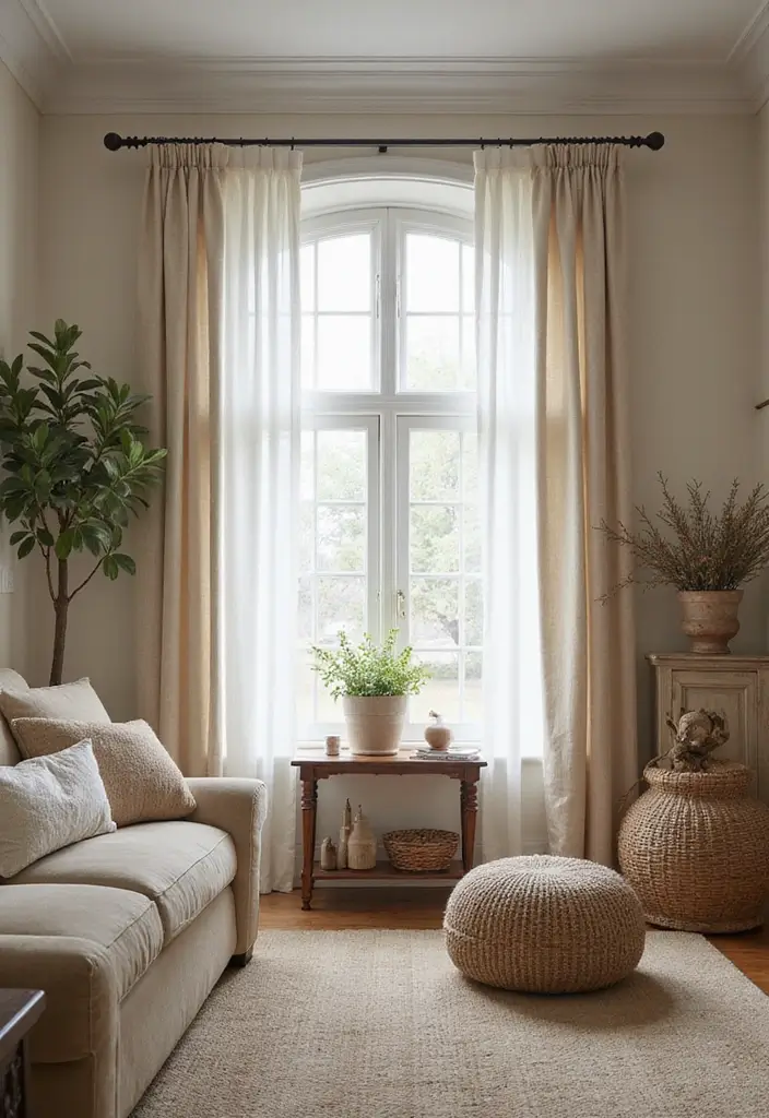 27 Farmhouse Window Treatments Living Room That Feel Rustic and Chic - 22. Neutral Color Palettes