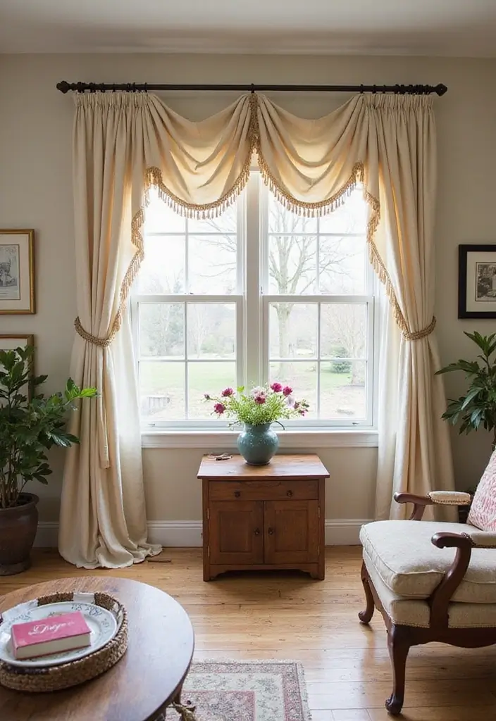27 Farmhouse Window Treatments Living Room That Feel Rustic and Chic - 24. Swag Valances