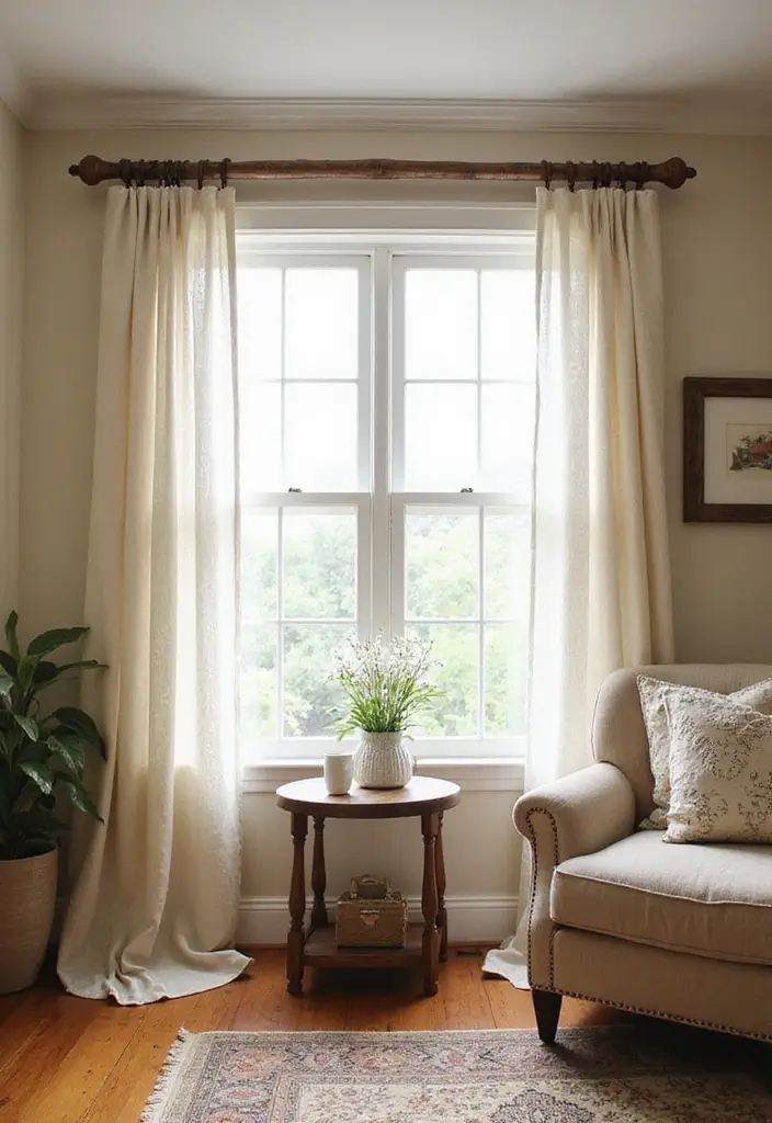 27 Farmhouse Window Treatments Living Room That Feel Rustic and Chic - 25. Rustic Wooden Curtain Rods