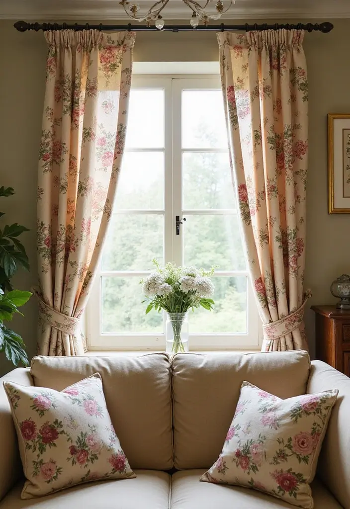 27 Farmhouse Window Treatments Living Room That Feel Rustic and Chic - 3. Vintage Floral Patterns