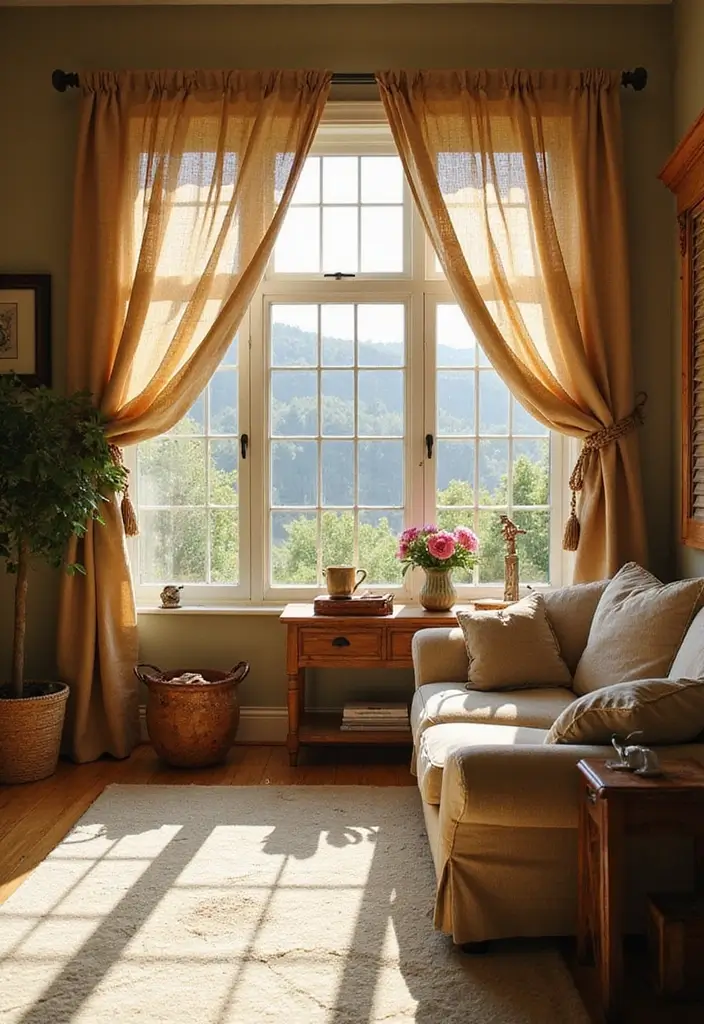 27 Farmhouse Window Treatments Living Room That Feel Rustic and Chic - 4. Burlap Drapes
