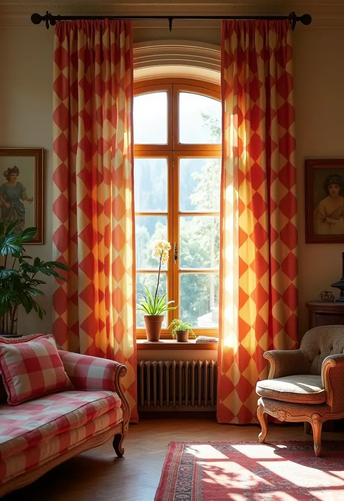 27 Farmhouse Window Treatments Living Room That Feel Rustic and Chic - 5. Checkerboard Patterns