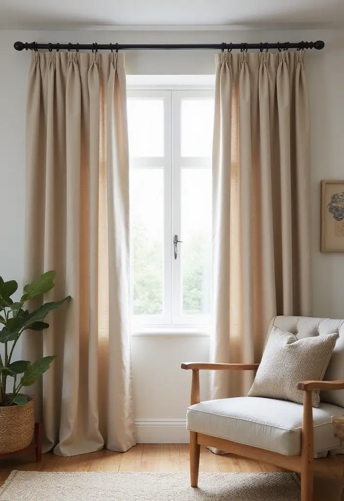 27 Farmhouse Window Treatments Living Room That Feel Rustic and Chic - 9. Twill Tape Drapes