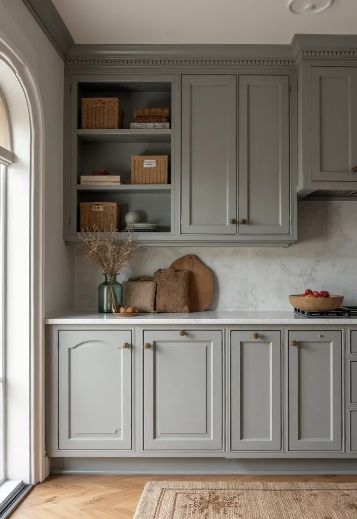 27 Gray and Tan Living Room Ideas That Feel Balanced and Neutral - 10. Gray Cabinetry with Tan Accents