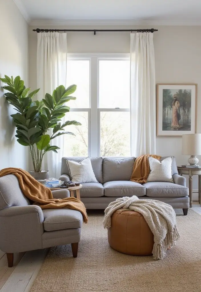 27 Gray and Tan Living Room Ideas That Feel Balanced and Neutral - 11. Gray Accent Chairs with Tan Throws