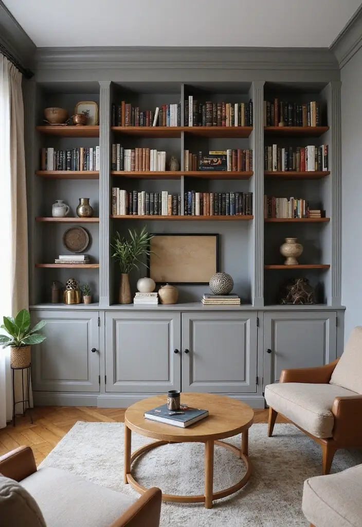 27 Gray and Tan Living Room Ideas That Feel Balanced and Neutral - 12. Gray and Tan Bookshelves