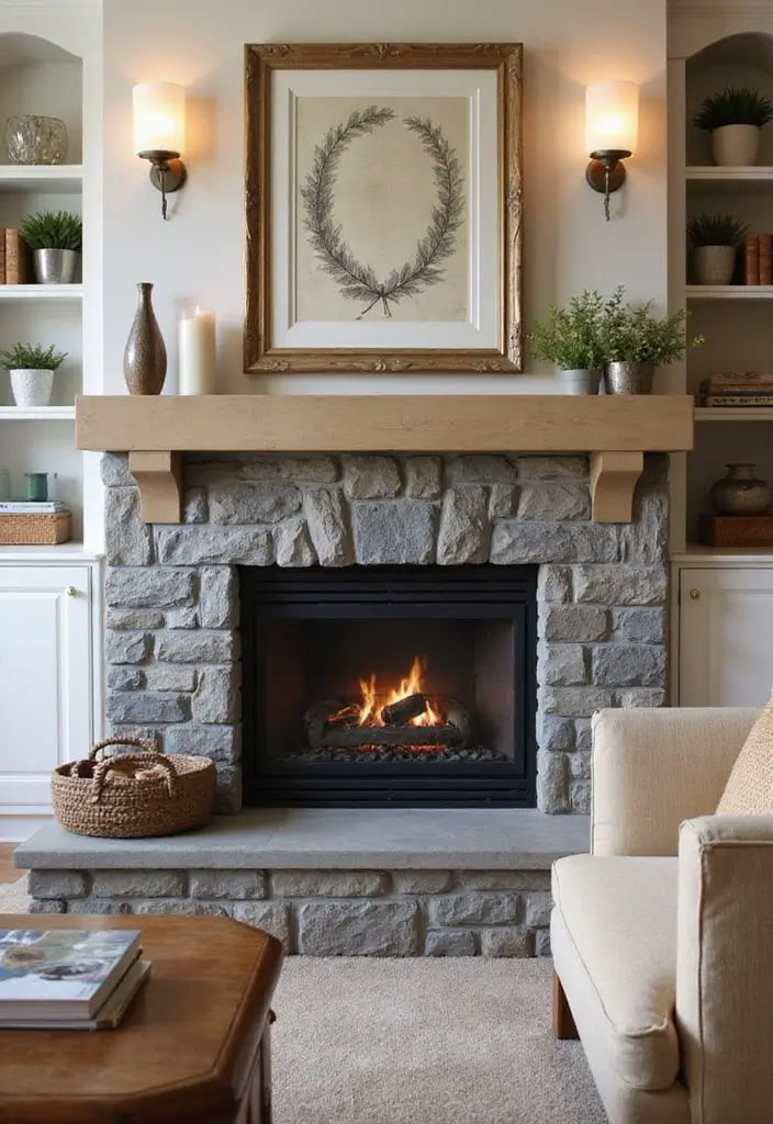 27 Gray and Tan Living Room Ideas That Feel Balanced and Neutral - 13. Gray and Tan Fireplace Surround