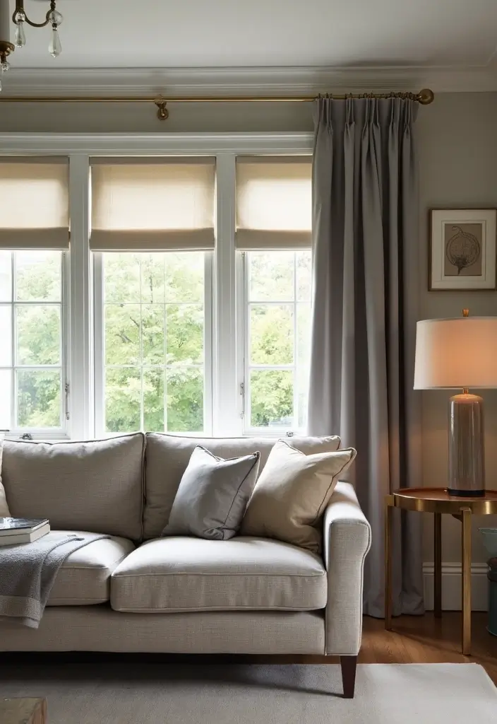 27 Gray and Tan Living Room Ideas That Feel Balanced and Neutral - 14. Gray and Tan Window Treatments