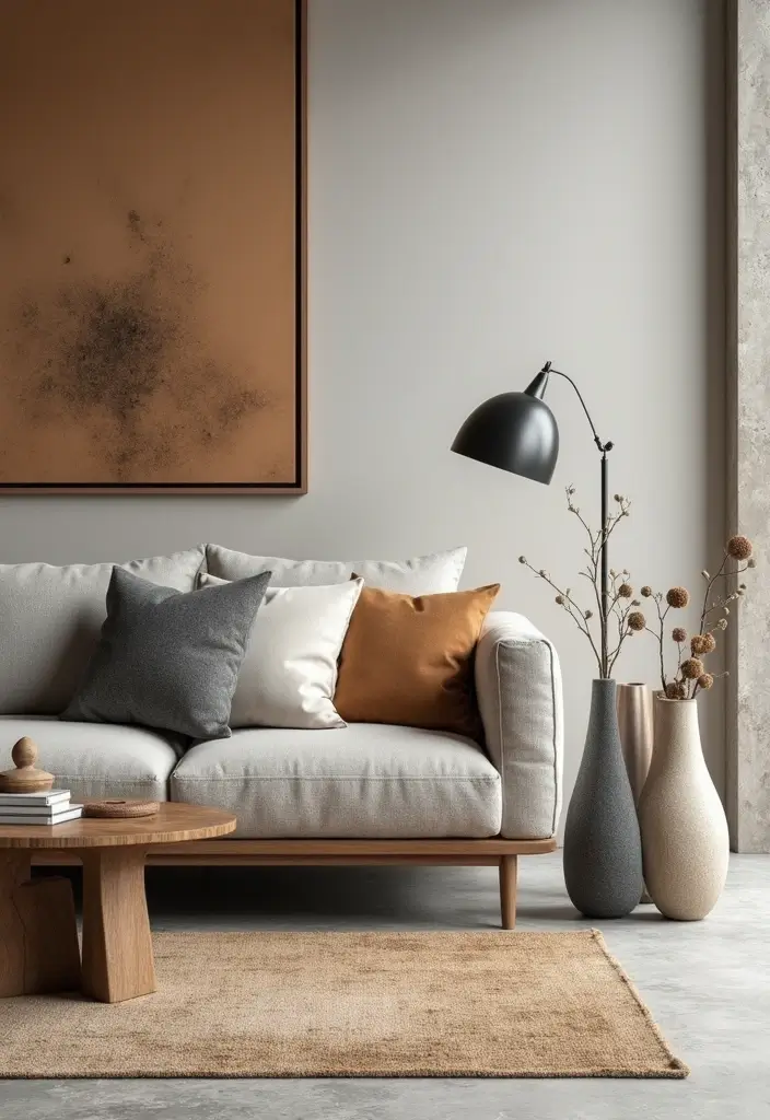 27 Gray and Tan Living Room Ideas That Feel Balanced and Neutral - 18. Gray and Tan Sculptural Decor