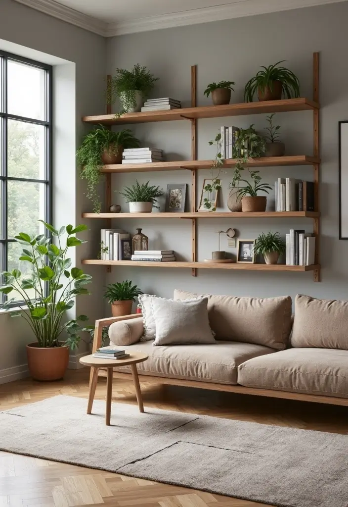 27 Gray and Tan Living Room Ideas That Feel Balanced and Neutral - 19. Gray and Tan Open Shelving