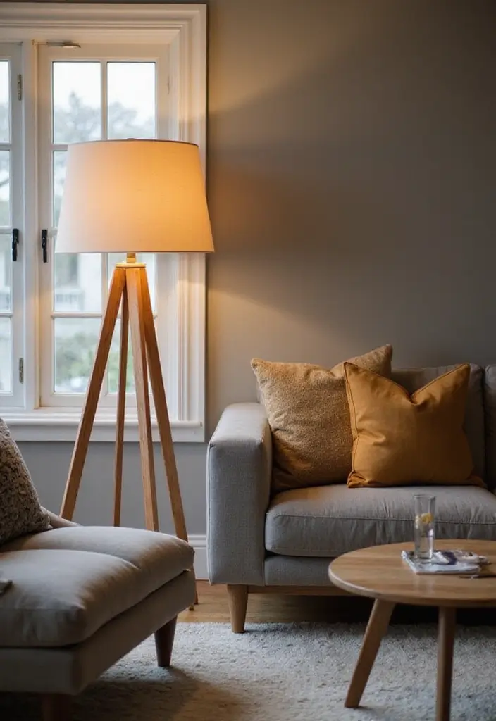 27 Gray and Tan Living Room Ideas That Feel Balanced and Neutral - 20. Gray and Tan Floor Lamps