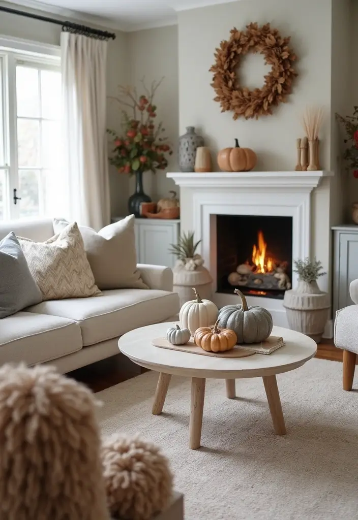 27 Gray and Tan Living Room Ideas That Feel Balanced and Neutral - 21. Gray and Tan Seasonal Decor