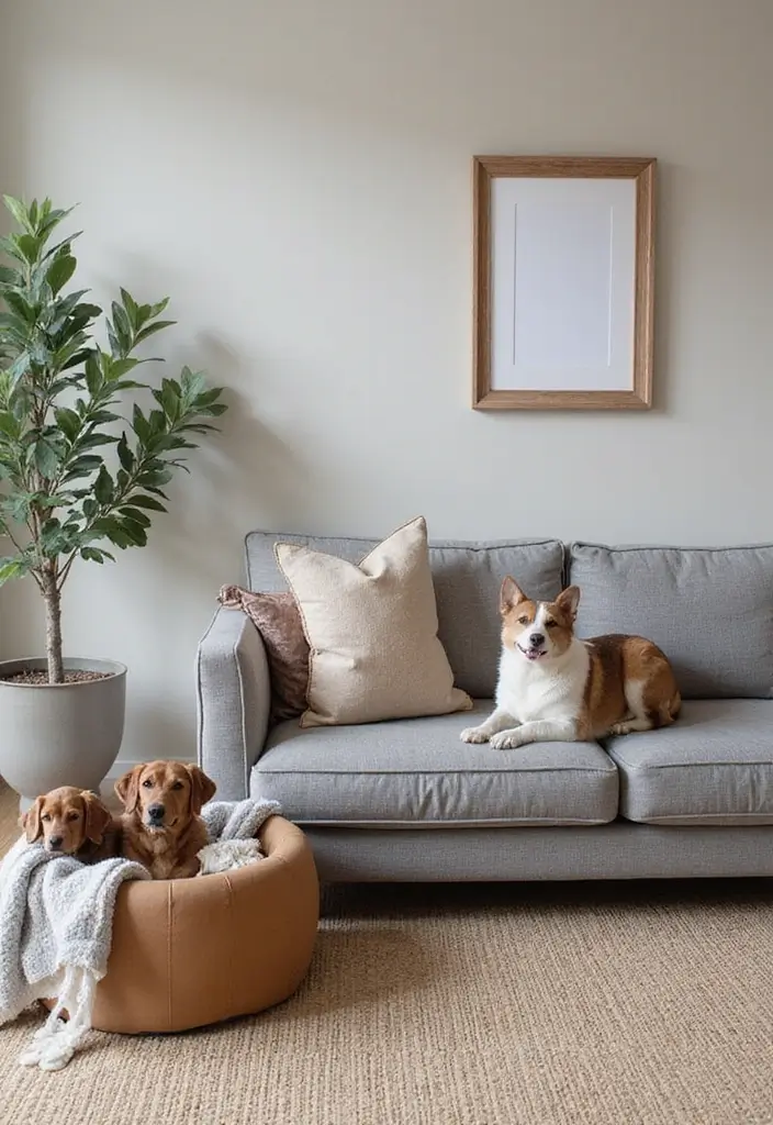 27 Gray and Tan Living Room Ideas That Feel Balanced and Neutral - 22. Gray and Tan Pet-Friendly Decor