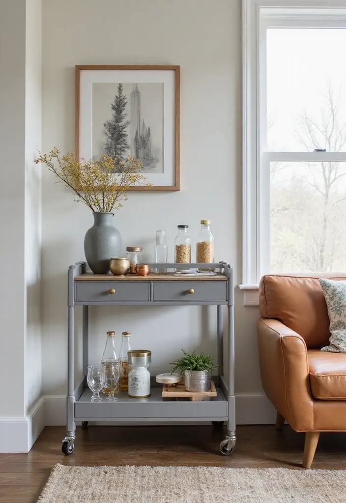 27 Gray and Tan Living Room Ideas That Feel Balanced and Neutral - 24. Gray and Tan Bar Carts