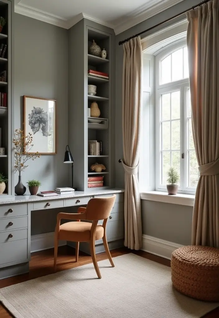 27 Gray and Tan Living Room Ideas That Feel Balanced and Neutral - 27. Gray and Tan Home Office Spaces