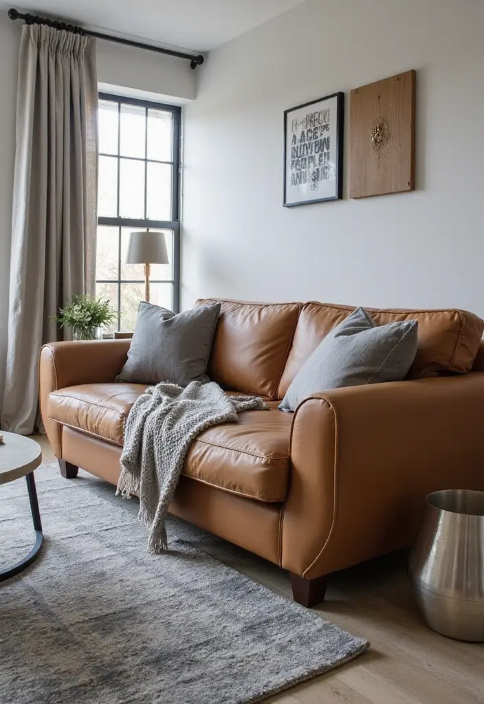 27 Gray and Tan Living Room Ideas That Feel Balanced and Neutral - 3. Tan Leather Sofas with Gray Textiles